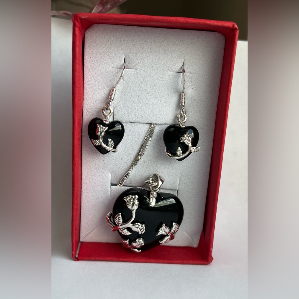 925 (EUC) onyx pierced earrings pendant 20” necklace set signed  vintage jewelry - Picture 3 of 17